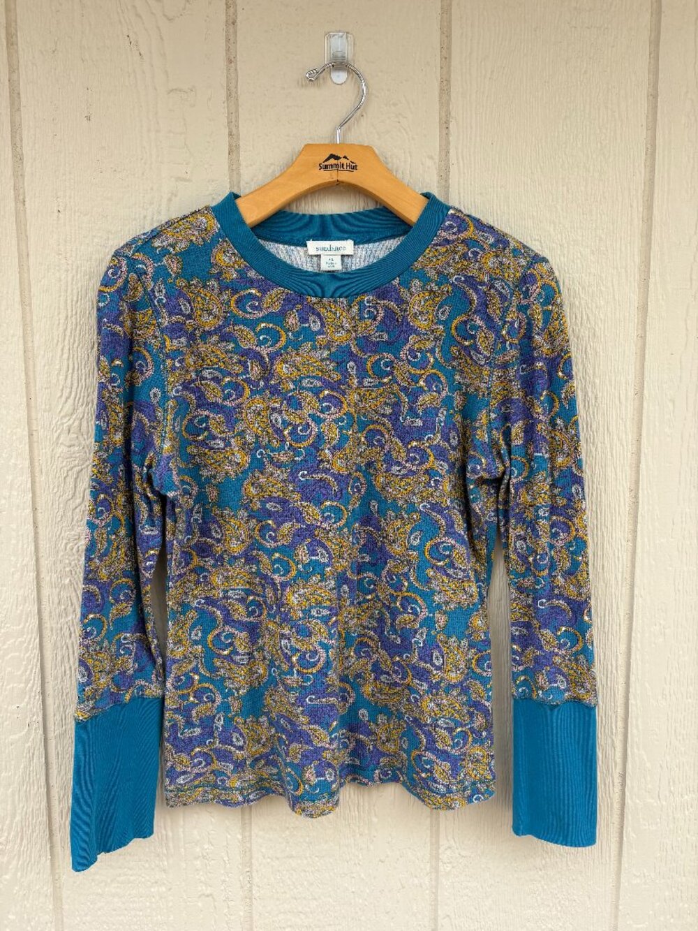 Sundance Long Sleeve Thermal Top Women's Petite Large Blue Paisley Waffle Boho